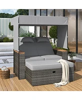 2-Piece Outdoor Rattan Daybed, Loveseat Sofa with Bench, Lounge Roof, Cushions (Grey)