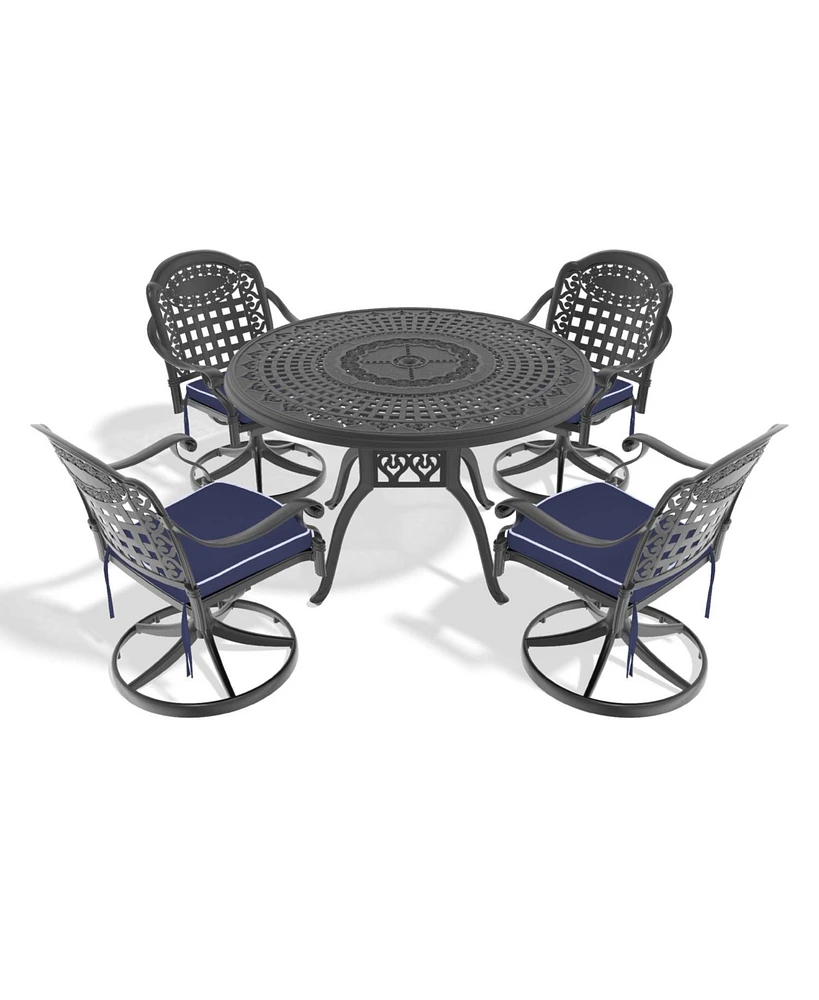 5-Pc Cast Aluminum Dining Set, 4 Swivel Chairs, 47" Round Table