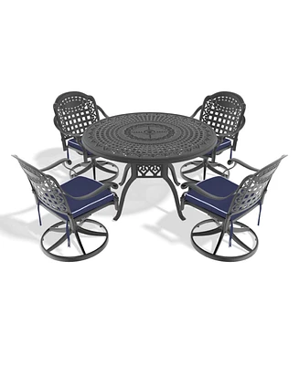 5-Pc Cast Aluminum Dining Set, 4 Swivel Chairs, 47" Round Table