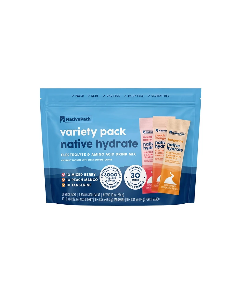 NativePath Native Hydrate Stick Packs with Electrolytes and Amino Acids, Variety Pack, Mixed Berry, Peach Mango, Tangerine, 30 Servings