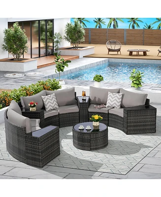 11-pc Half-Moon Patio Set, Sectional Sofa & Glass Coffee Table