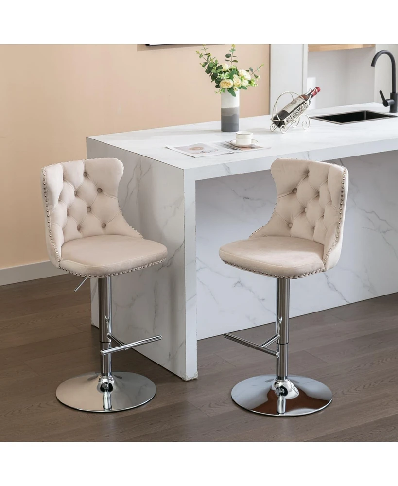 Set of 2 Swivel Velvet Barstools Adjustable Height Upholstered Bar Stools with Tufted Back Chrome Base for Kitchen Island Home Pub-The Pop