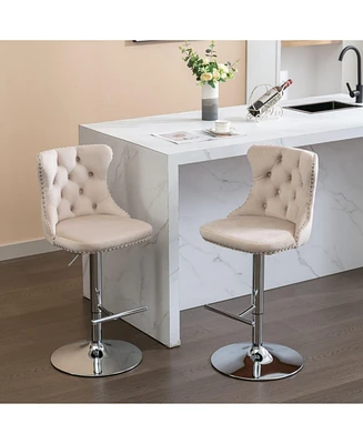 Set of 2 Swivel Velvet Barstools Adjustable Height Upholstered Bar Stools with Tufted Back Chrome Base for Kitchen Island Home Pub-The Pop