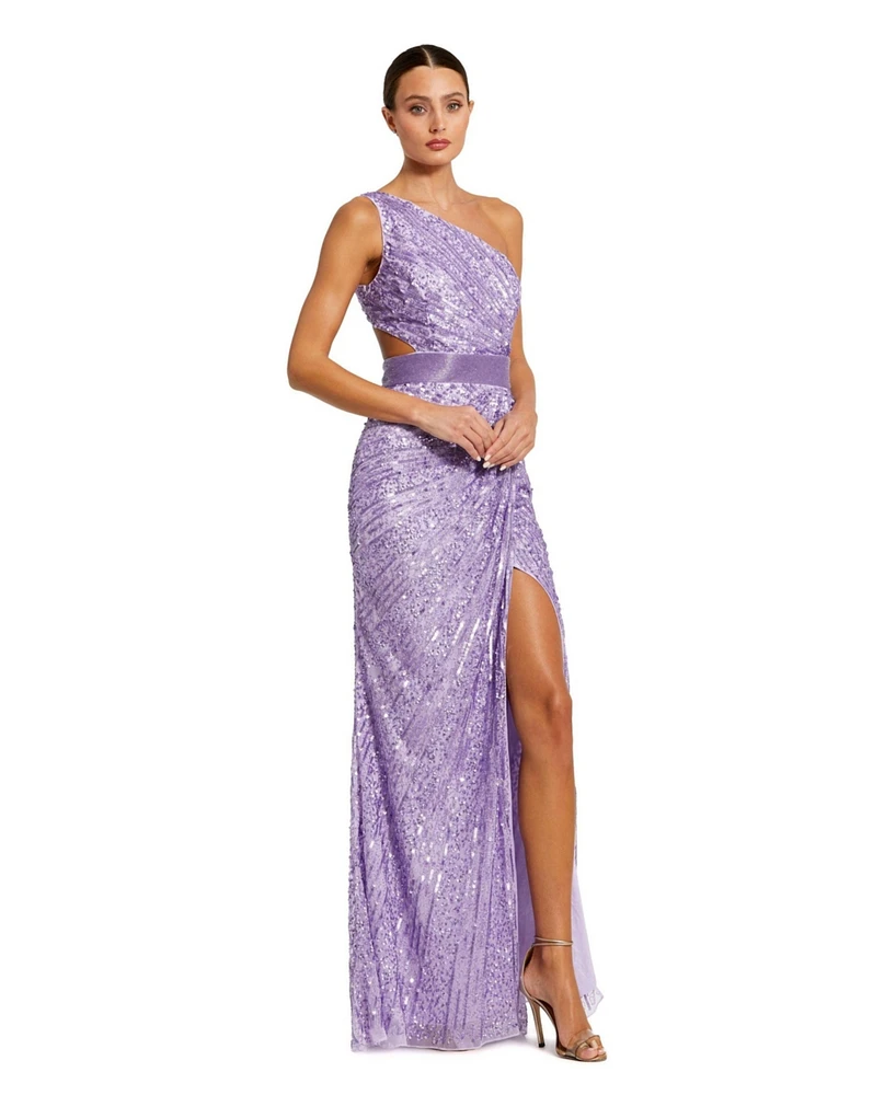 Mac Duggal Women's Sequined One Shoulder Draped Lace Up Gown