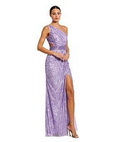 Mac Duggal Women's Sequined One Shoulder Draped Lace Up Gown