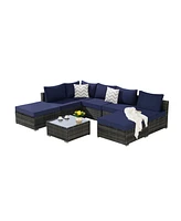 8-Piece Outdoor Wicker Patio Sofa Set w/ Washable Cushions & Glass Table
