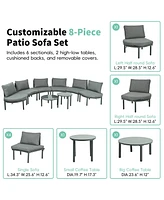8-Pc Patio Sofa Set, Half-Moon Sectional, 2 Tables, Cushions, Pillows, Gray