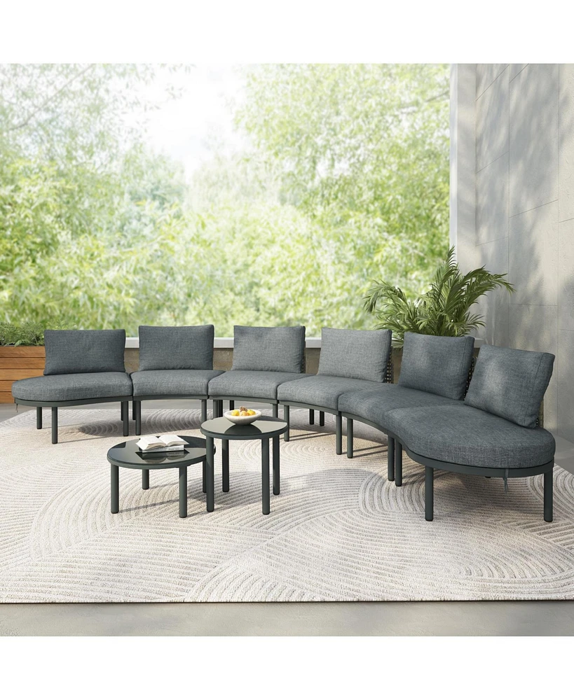 8-Pc Patio Sofa Set, Half-Moon Sectional, 2 Tables, Cushions, Pillows, Gray