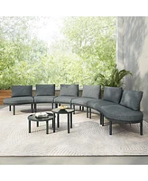 8-Pc Patio Sofa Set, Half-Moon Sectional, 2 Tables, Cushions, Pillows, Gray