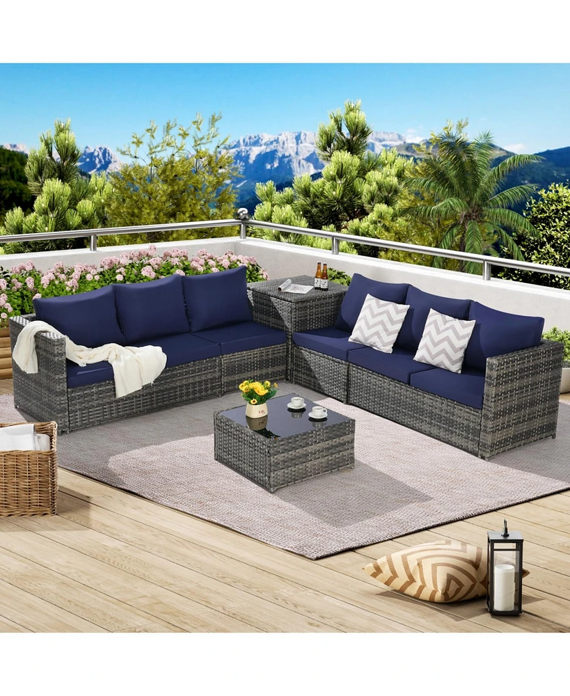 6-Piece Woven Patio Set, L-Shaped Sectional, Corner & Glass Tables