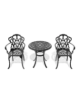 Cast aluminum patio set, black frame, random cushions