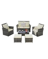 6 Piece Wicker Patio Furniture Sets with Ottoman & Tempered Glass Coffee Table