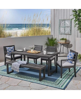 Outdoor 6-Seater Acacia Wood Dining Set with Bench,Dark Gray/Light Gray