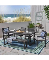 Outdoor 6-Seater Acacia Wood Dining Set with Bench,Dark Gray/Light Gray