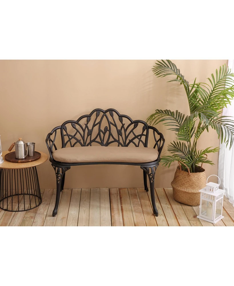 Tulip Patio Bench, Metal, Floral Rose, Black/White Cushion