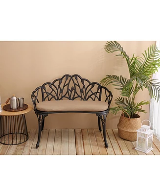 Tulip Patio Bench, Metal, Floral Rose, Black/White Cushion