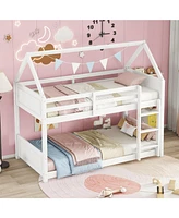 White Twin Over Twin Bunk Bed with Ladder and Safety Rails
