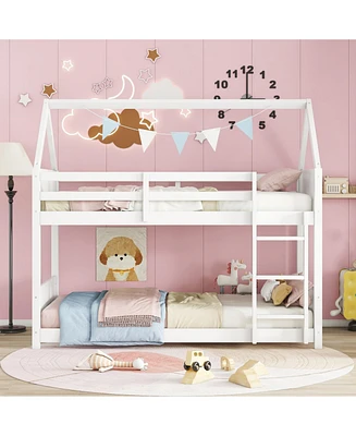 White Twin Over Twin Bunk Bed with Ladder and Safety Rails