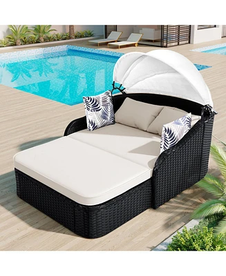 79,9" Outdoor Sunbed, Adjustable Canopy, Double Lounge, Black Wicker