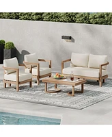 Acacia Patio Set, 4-piece, cushions, coffee table, Brown wash/beige
