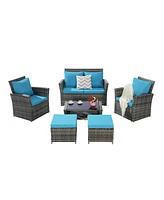 6 Piece Wicker Patio Furniture Sets with Ottoman & Tempered Glass Coffee Table