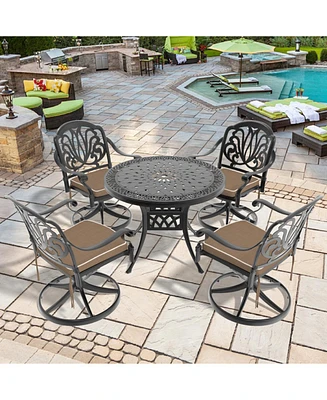 5-Piece Cast Aluminum Dining Set, 4 Swivel Chairs, 35" Round Table