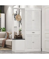 White wooden shoe cabinet with six storage cabinets and one drawer,shoe rack with adjustable shelves
