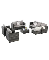 6-Piece Outdoor Wicker Patio Conversation Set w/ Cushions & Glass Table