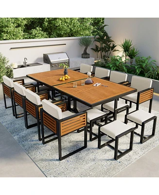 18-pc Acacia Patio Set, 8 Chairs, 8 Ottomans, 2 Tables, Cushions, Beige