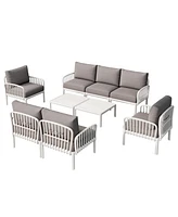 9-Piece Patio Set, Modern outdoor sectional with 2 tables, waterproof cushions, white & gray