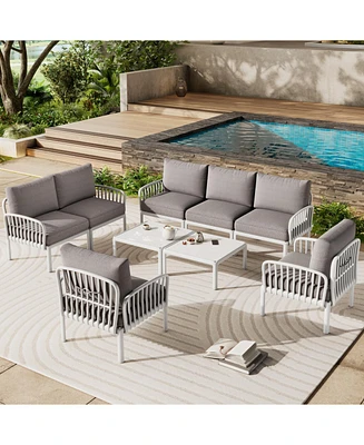 9-Piece Patio Set, Modern outdoor sectional with 2 tables, waterproof cushions, white & gray