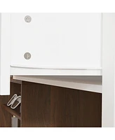 Wooden Retractable shoe cabinet, white and wood grain color, shoe rack with movable shelves