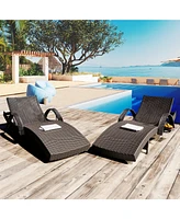 80" Wicker Chaise Lounge Set (2), Patio Rattan, Adjustable, Pull-out Table, Dark Brown