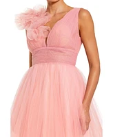 Mac Duggal Women's Ruffle Shoulder V Neck Ombre Tulle Ballgown