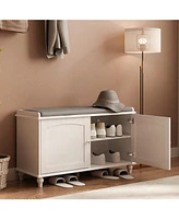 Wooden and white shoe cabinet, 2 seats, versatile and aesthetically pleasing shelves with four cabinets