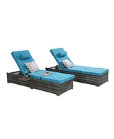 Outdoor chaise lounge set (2) with storage, adjustable backrests, table, cushions