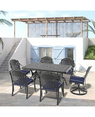 7-Piece Cast Aluminum Dining Set, 2 Swivel, 4 Chairs, Rectangular Table