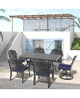 7-Piece Cast Aluminum Dining Set, 2 Swivel, 4 Chairs, Rectangular Table