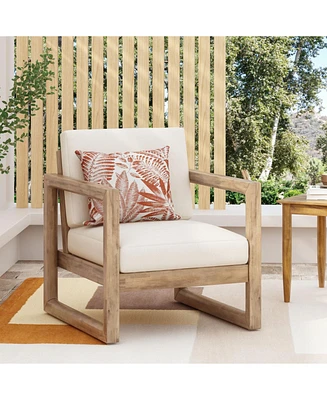 Acacia Patio Club Chair, Brown Wash, Beige Cushion, Waterproof