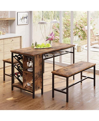 3-Piece Dining Table Set for 4, 47inch Kitchen Table with 2 Benches