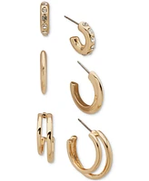 Anne Klein Gold-Tone 3-Pc. Set Crystal & Polished Small Hoop Earrings