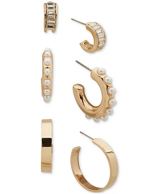 Anne Klein Gold-Tone 3-Pc. Set Crystal Baguette, Imitation Pearl, & Polished Small & Medium Hoop Earrings