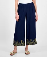 Jm Collection Women's Linen Blend High-Rise Pull-On Embroidered-Hem Pants, Exclusively at Macy's