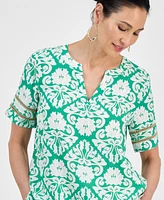 Jm Collection Women's Printed Split-Neck Short-Sleeve Top, Exclusively at Macy's