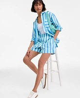 On 34th Womens Cotton Striped Shirt Pull On Shorts Beaded Shoulder Bag Puffy Teardrop Stud Earrings Exclusively At Macys