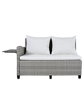 5-Piece Patio Rattan Sofa Set, L-Shape, Extendable Tables, Washable Covers, White