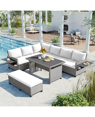5-Piece Patio Rattan Sofa Set, L-Shape, Extendable Tables, Washable Covers, White