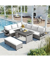 5-Piece Patio Rattan Sofa Set, L-Shape, Extendable Tables, Washable Covers, White