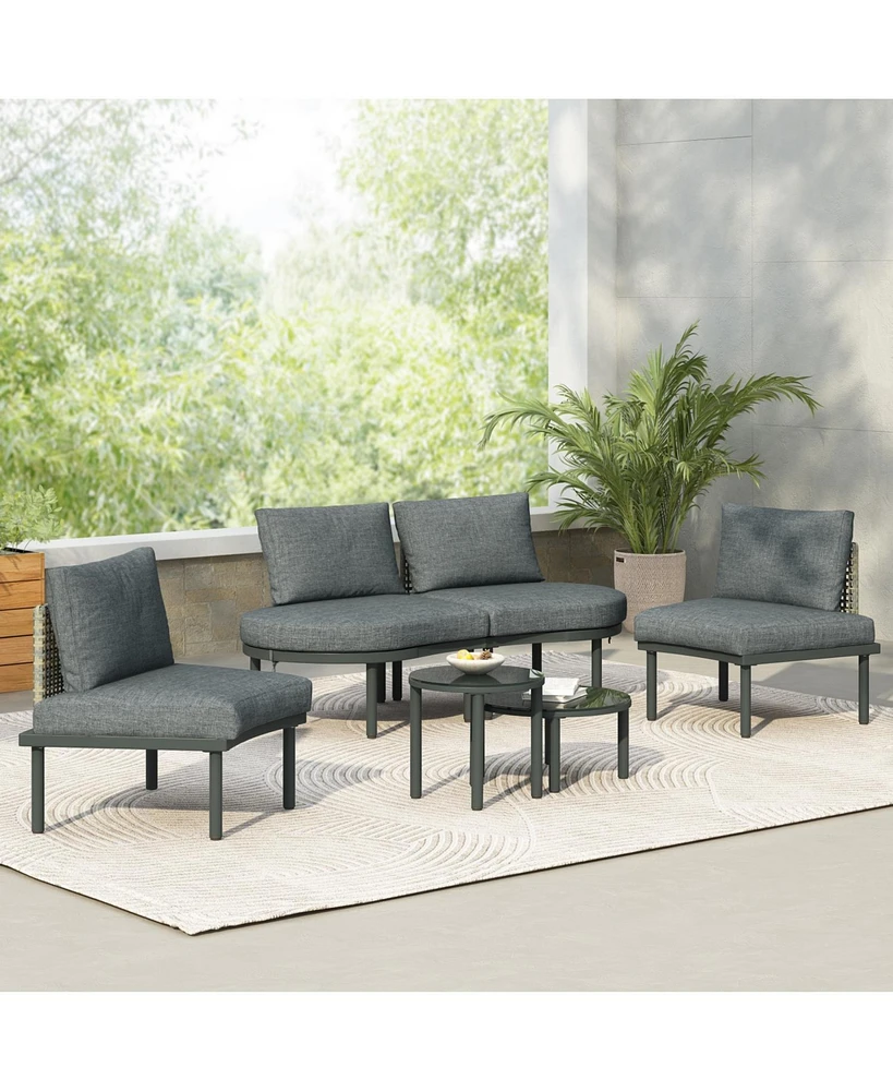6-Pc Half Moon Patio Sofa Set, Wicker, Glass Tables, Cushions & Pillows - Gray