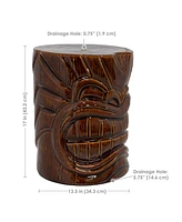 Tropical Tiki Head Ceramic Garden Stool Side Table with Wood-Look Finish - Indoor or Outdoor Use - 17.25-Inch H